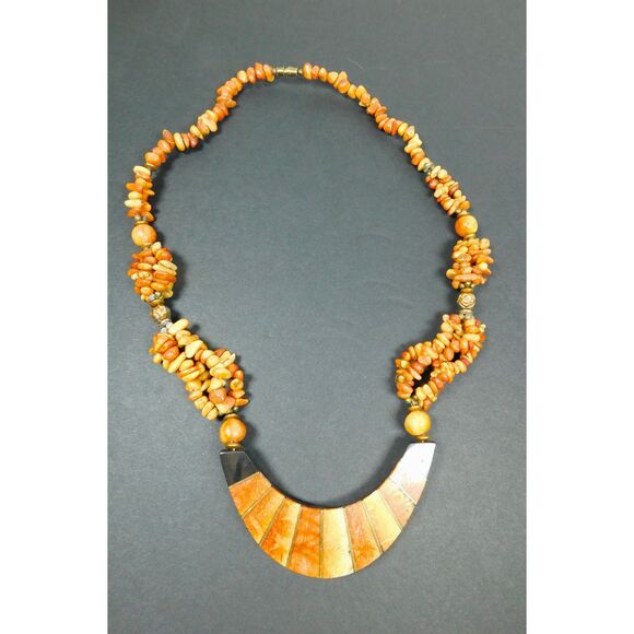 Vintage Mosaic Coral Necklace Tiger & Apple Bead Multi Strand Boho - Picture 1 of 9